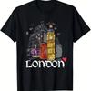 Schwarzes Freizeit-T-Shirt mit ikonischen Designs von Big Ben und einer Telefonzelle, was es zum perfekten Geschenk für Unisex und Freunde macht