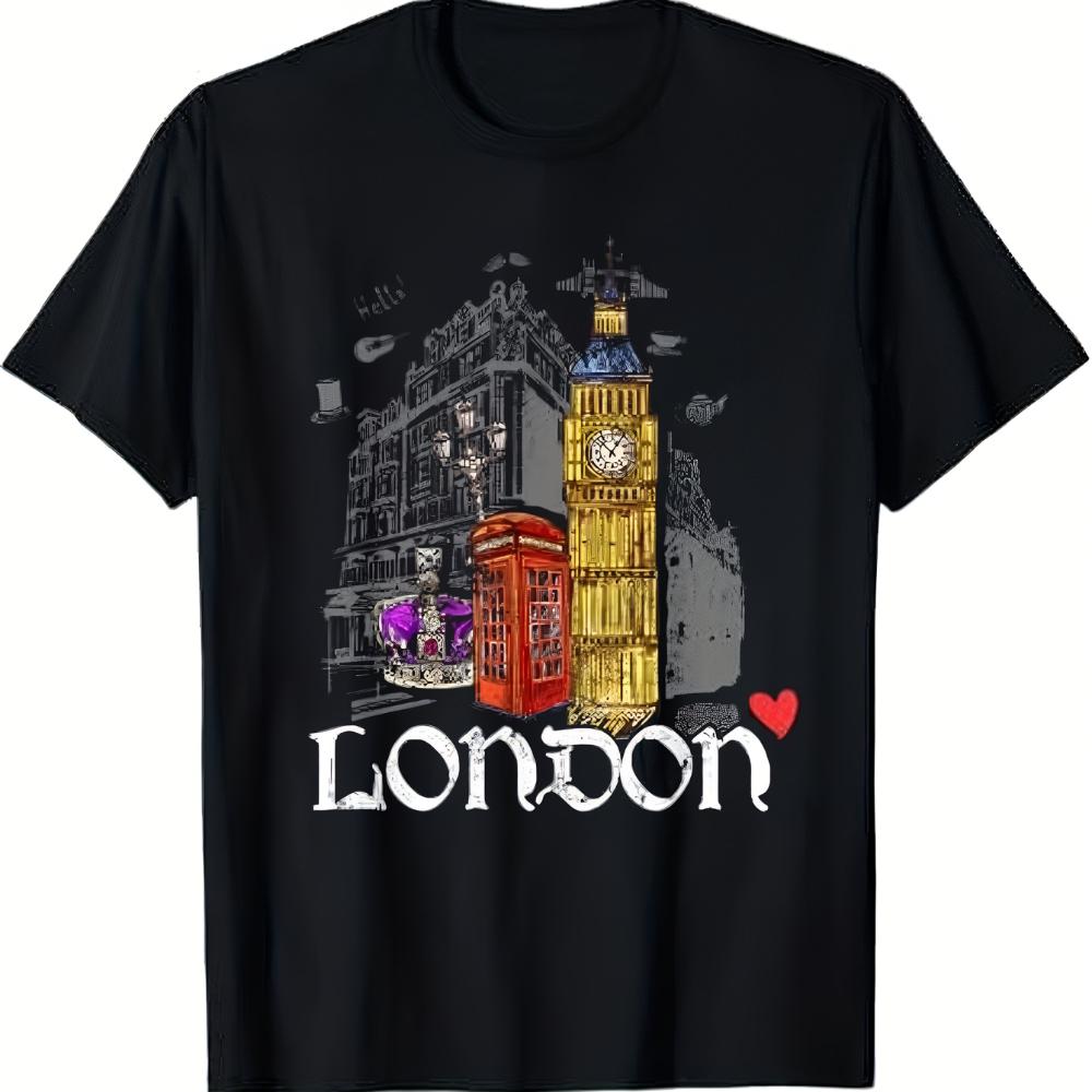 

Black Casual TShirt Featuring Iconic Designs of Big Ben and A Telephone Booth Making It The Perfect Gift for Unisex and Friends L