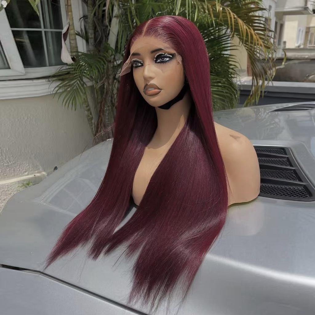 AIMEYA Burgundy Long Silky Straight Wig 13x4 Synthetic Lace Front Wigs for Women Heat Resistant Natural Hairline Daily Wear