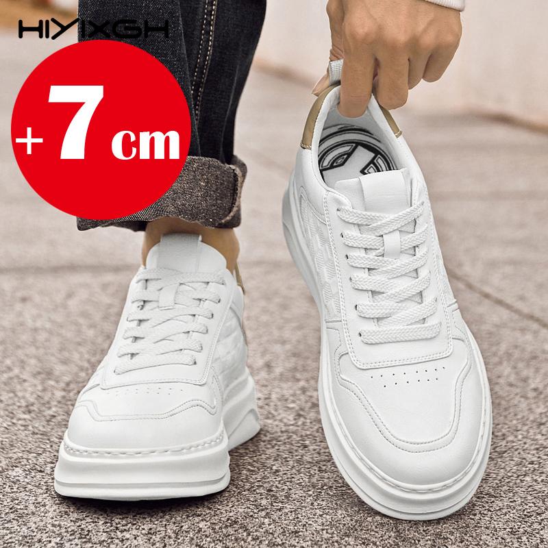 Nové bílé párové ležérní platformové tenisky se 7cm zvýšením výšky, lehké s tlustou podrážkou, mladistvé a stylové kožené boty s výtahem