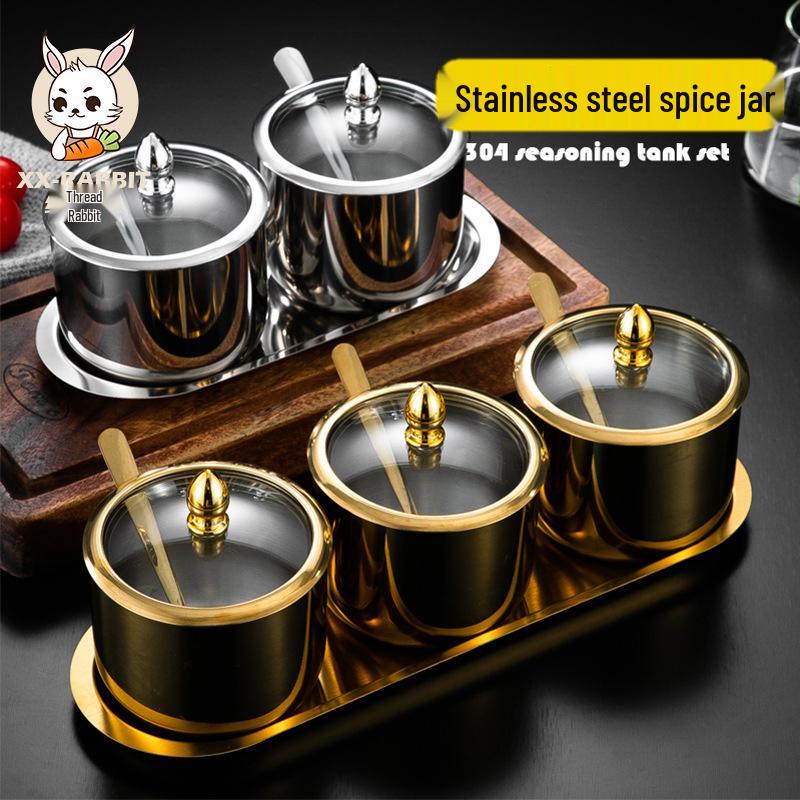 Luxury Korean 304 Stainless Steel Spice Jars: Salt & Oil Jar with Spoon, Gold Accent