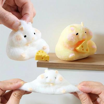 Fuzzy Cheese Hamster Squish Toy Soft Stretch Stress Relief Fidget Gadget Cute Desktop Ornament Adult Anti-Anxiety Relax Holiday