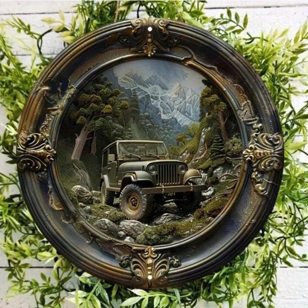 Jeep Landschaft Metall Wandkunst Wasserdicht Wetterbeständig Rundes Schild Türkranz HD Druck Aluminium Dekor