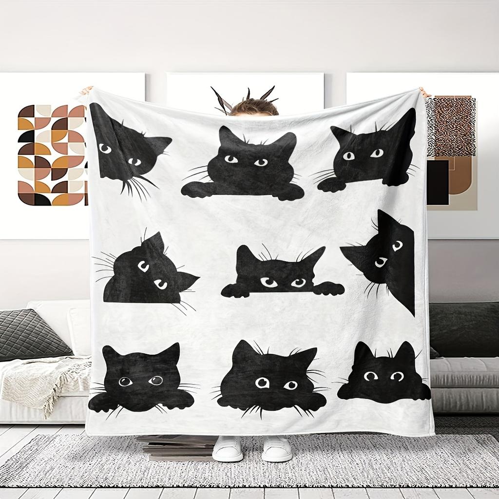 VIKAMA Simple Peeking Cat Flannel Blanket for Spring Picnic Car Travel,Sofa Bed Nook Decor Nap Blanket Holiday Gift