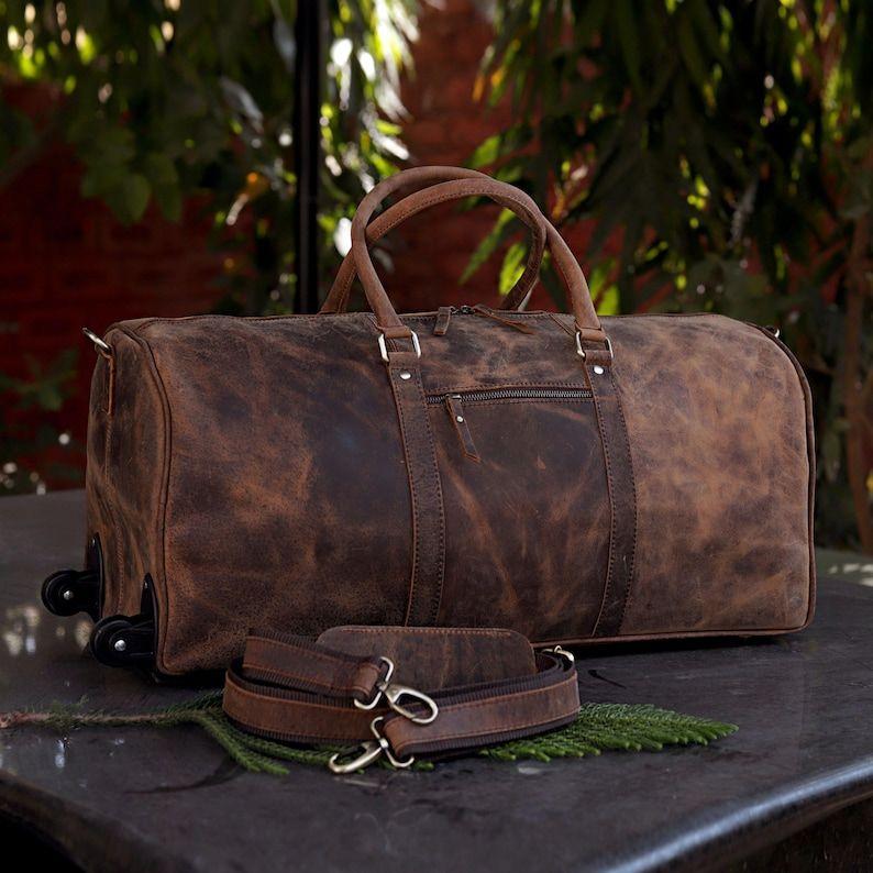 Handmade Leather Trolley Duffel Bag Mens Travel Duffel on Wheels Carry on Cabin Luggage Overnight Duffel Christmas Gift for Men and Women