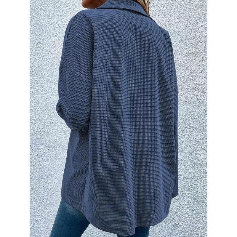 Button Front Flap Pocket Jacket, Casual Solid Color Long Sleeve Drop Shoulder Jacket, Women's