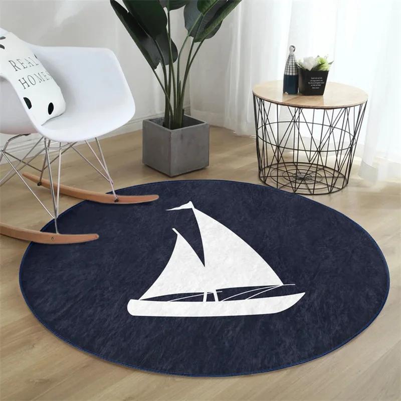 Marine Round Rug Compass Floor Carpet Wheel Non Slip Circle Rugs Sailor Anti Slip Mat Anchor Area Rugs Blue Rug for Living Room