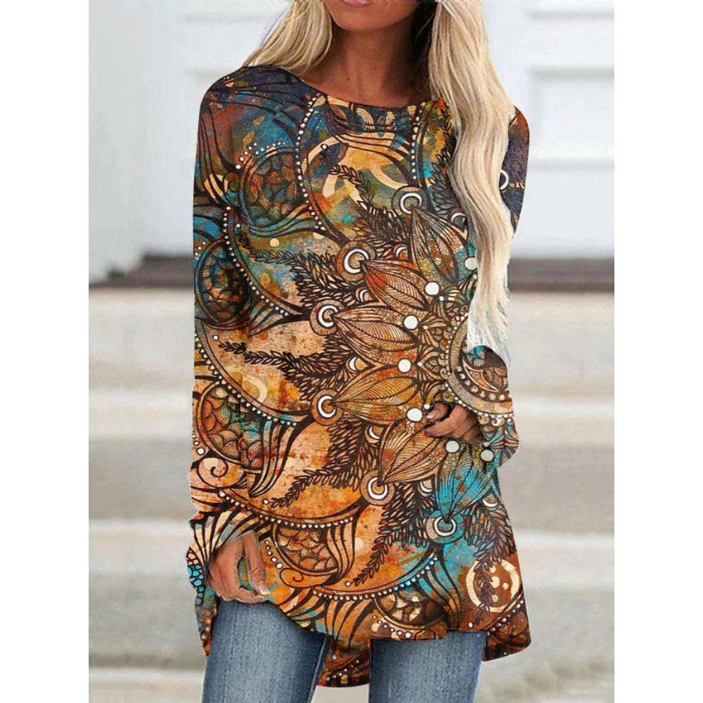 T-shirt z nadrukiem 3D Koszulki Damska Moda T-shirt Długi Rękaw Etniczne Top Topy Nadruk Natywny T-shirt Długie Top Damskie