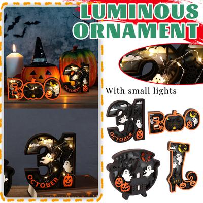 Halloween Wooden Ornaments With Light Halloween Decorative Light Spooky Wood Sign Table Decor Light For Living Room Kitchen