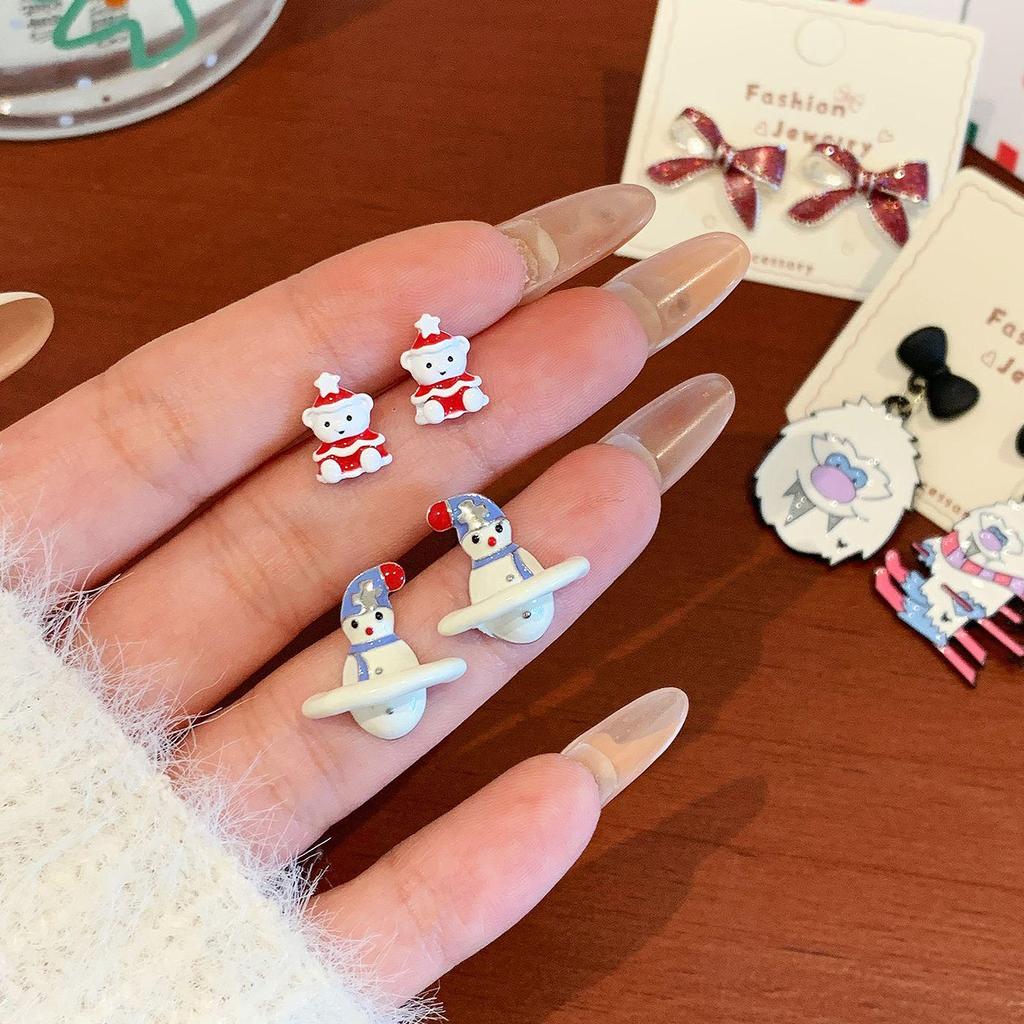 Boucles d'oreilles Stud Festives d'Hiver Dessin Animé Père Noël & Bonhomme de Neige avec Nœud pour Femmes - Bijoux de Fête à Aiguille Argentée