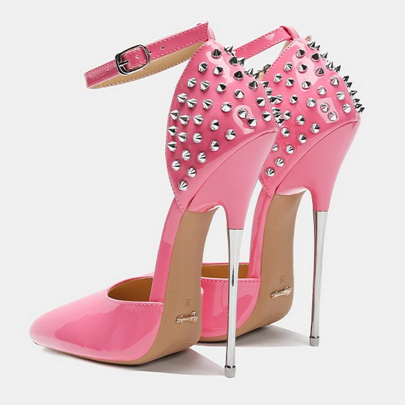 

Women Rivet High Thin Heel Sandals Lady Sexy Ankle Strap Single Shoes for Nightclub Party Host Model Catwalk Pub Cross Dressing 46 персиковий