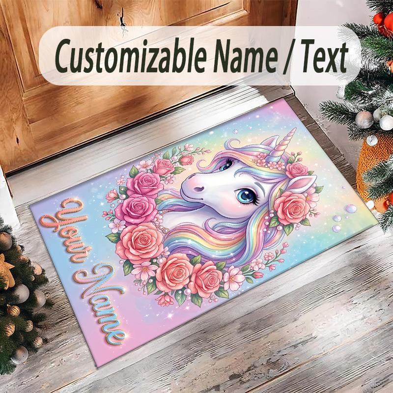 Alfombra de Suelo de Terciopelo de Cristal con Temática de Unicornio, Alfombra Cálida Personalizada con Nombre y Texto, Decoración del Hogar