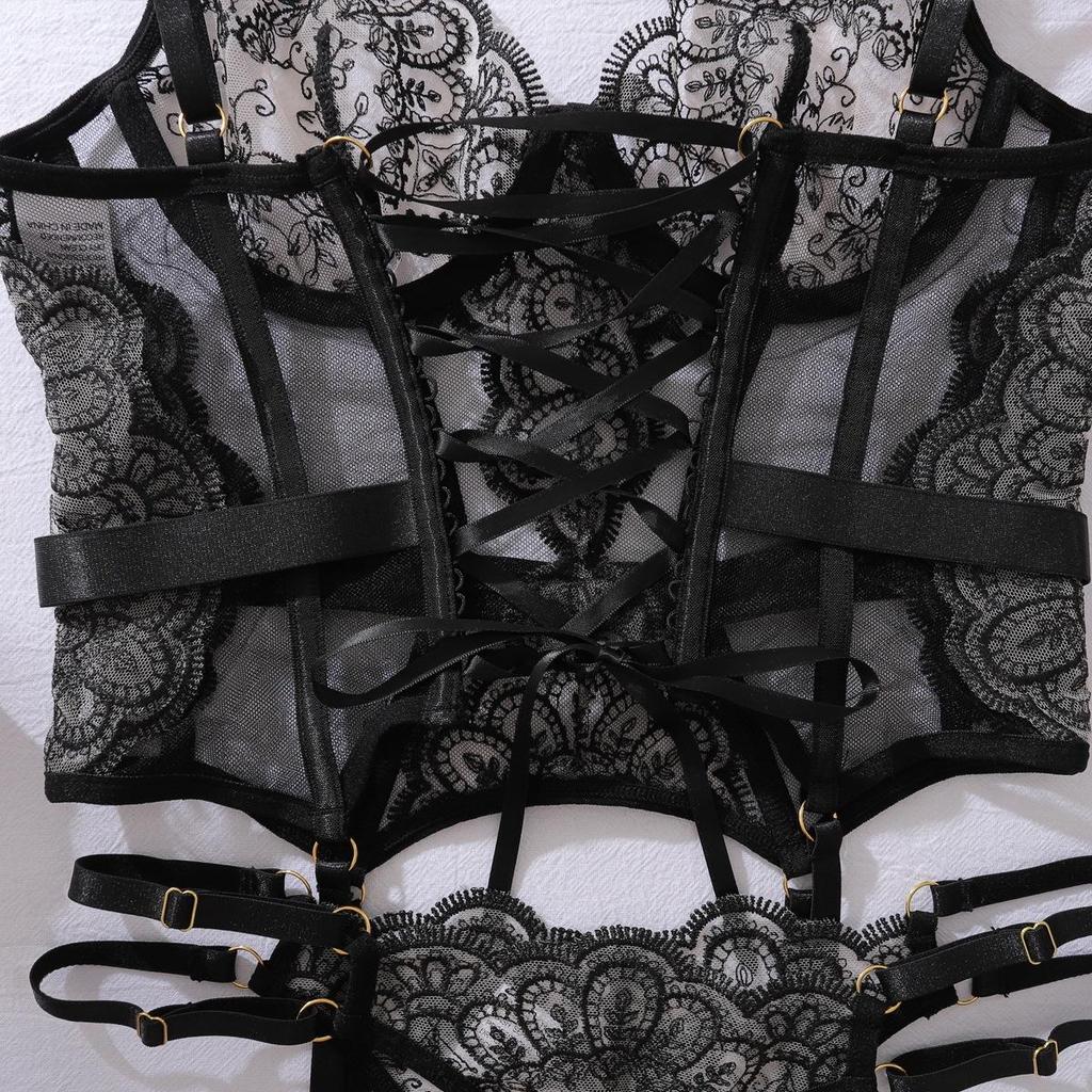 Damen Sexy Spitze Dessous Set Gesticktes Netz Spleiß Detail Krawatte Unterwäsche Ausgeschnitten Push-Up Bügel Dessous Set
