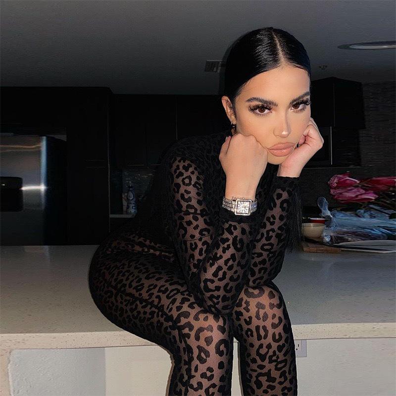 New Women's European & American Style Slimming Long Sleeve See-Through Flocked Jumpsuit