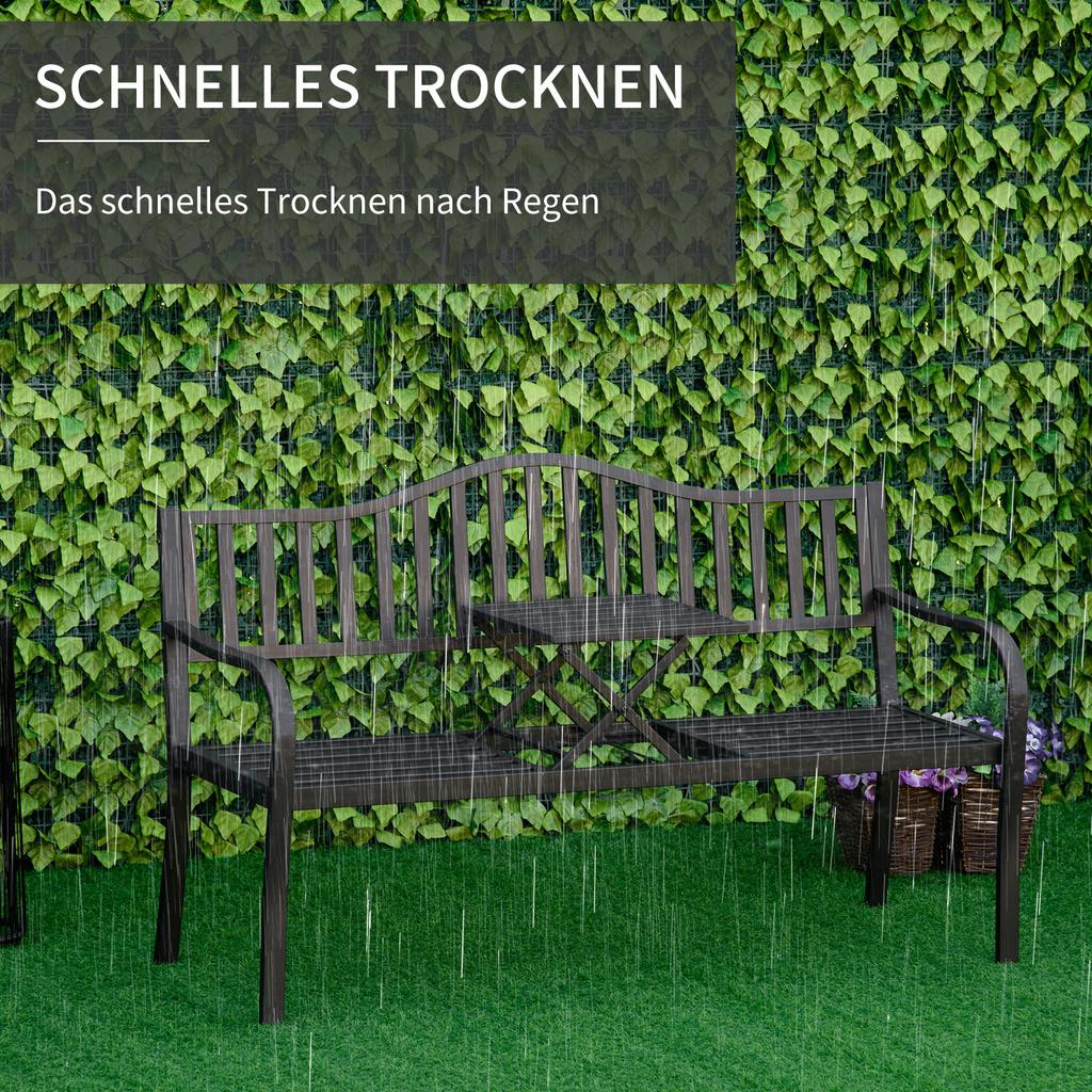Metall-Gartenbank mit hochklappbarem Mitteltisch. Garten-Zweisitzer. Gartenbank für den Garten. Vorbau. Sitzplätze für 2–3 Personen. Schwarz
