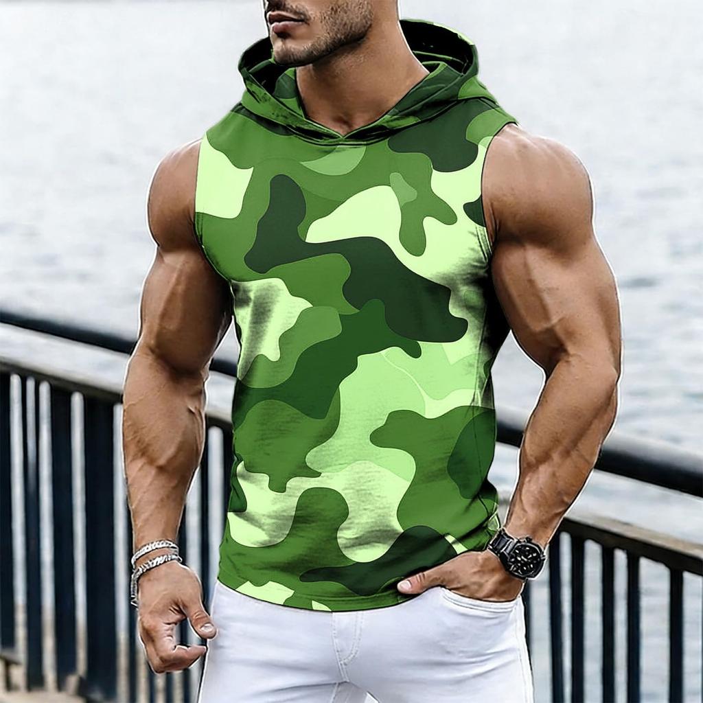 Men's Casual Fashion Printed Sleeveless Hooded Tops | Lightweight Summer Hooded Tank Tops