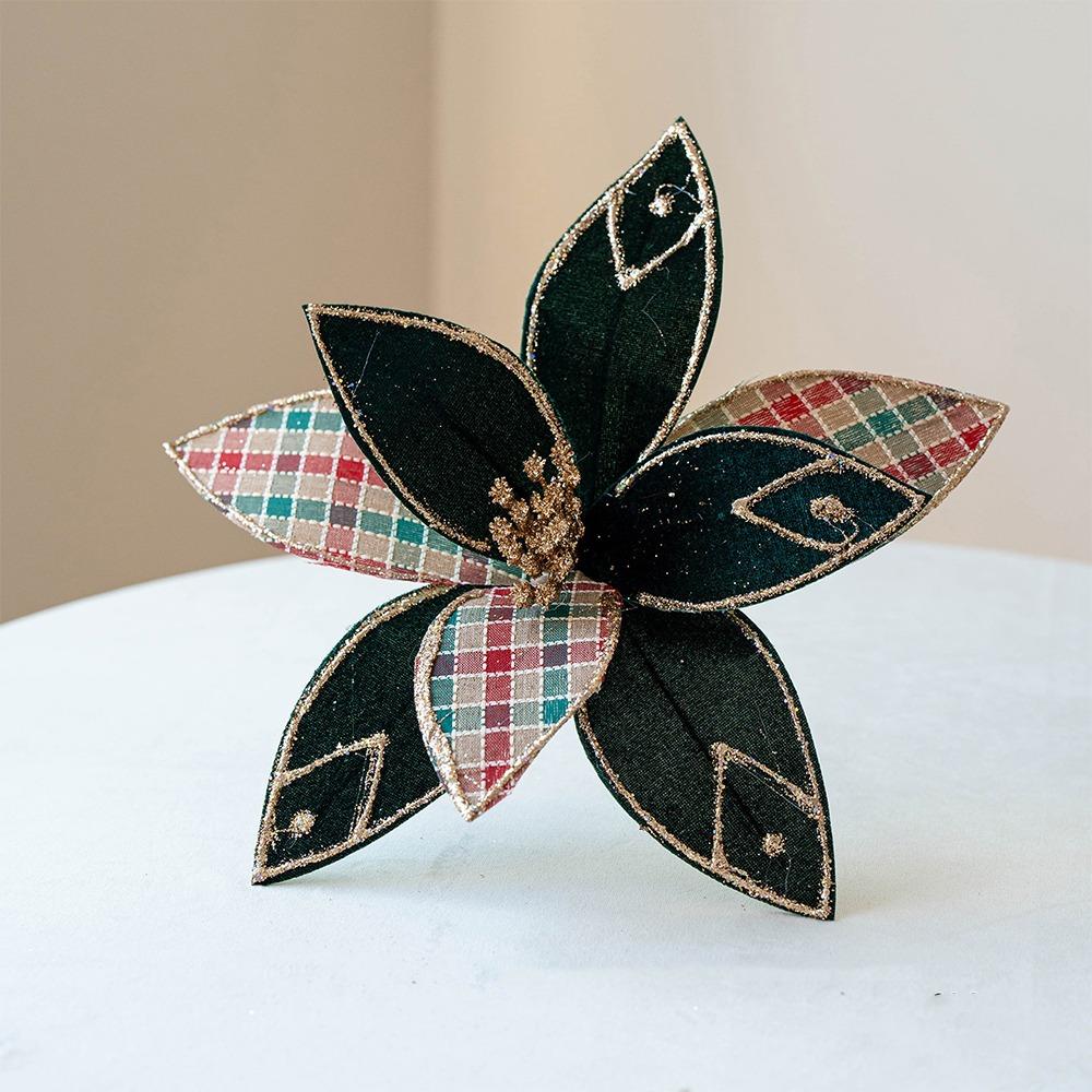 Handmade Velvet Poinsettia Pick Flocking Xmas Tree Flower Artificial Christmas Flower Photo Props
