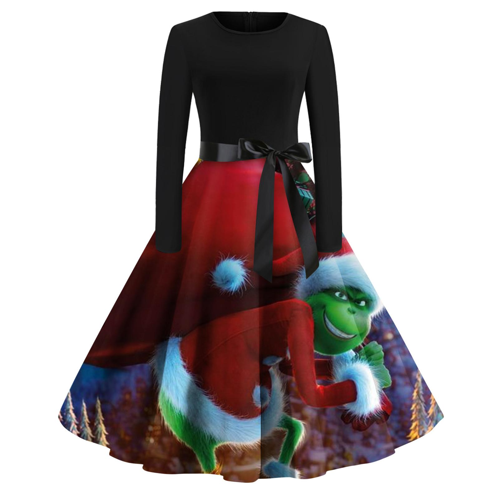 

Women s Christmas Print Flare Dress For Women Long Sleeve Dress Party Casual Dresses XXL синій