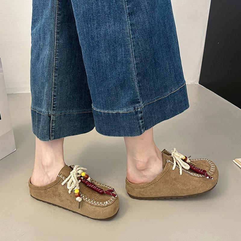 Fashion 2025 Autumn New Retro Flat Slippers Women's Round Toe Deep Mouth Platform Suede Front Lace-up Soft Slip Slides Women Slippers