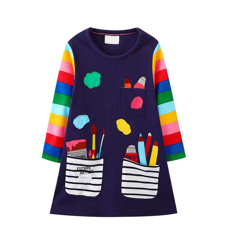 Girls Fall A-Line Short Sleeve Cotton Dress with Embroidered Pocket 90 чёрный
