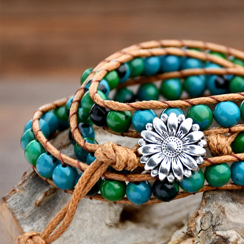 GemChic Damen Ethnisches Mehrschichtiges Webseil Legierung Chrysanthemen Armband Klassisch Retro Geburtstag Weihnachten Schmuck Geschenk