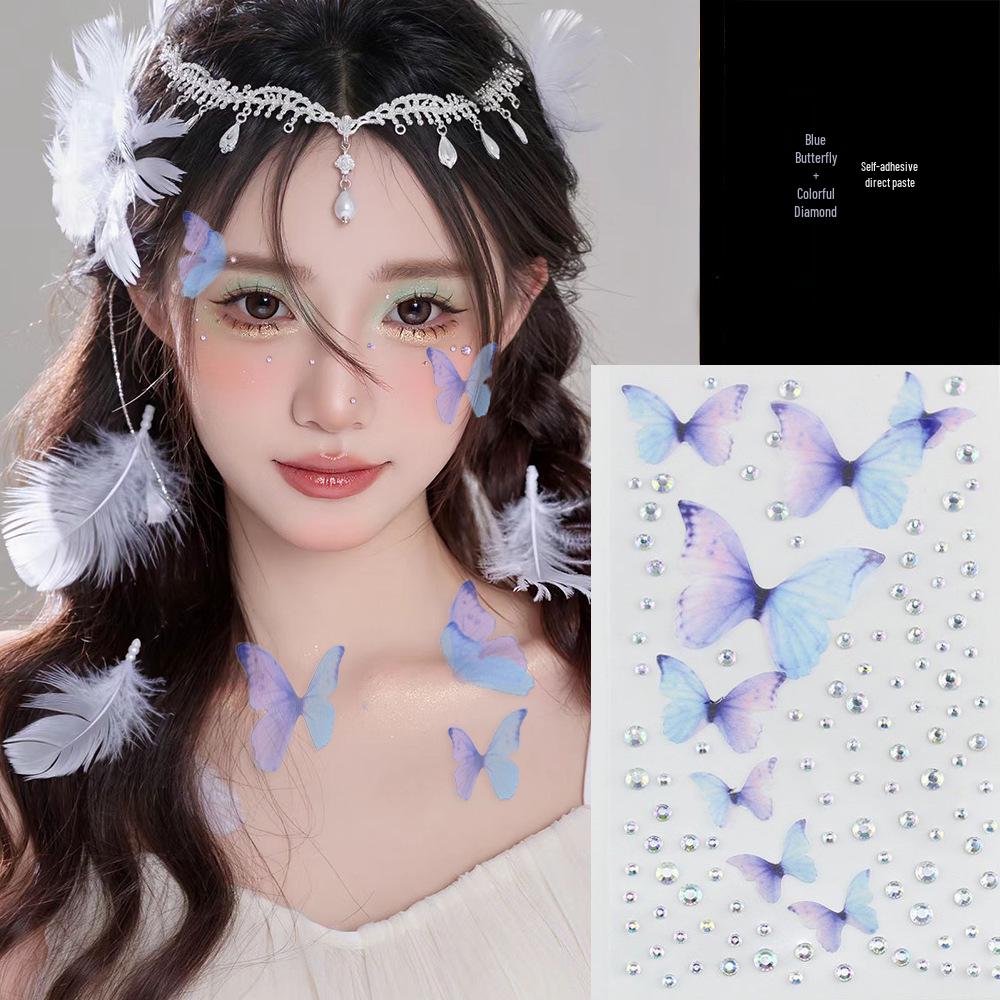 Blue Star Diamond Face Stickers: Adhesive Rhinestone Designs for Tear Eye Makeup, Perfect for Music Festivals.