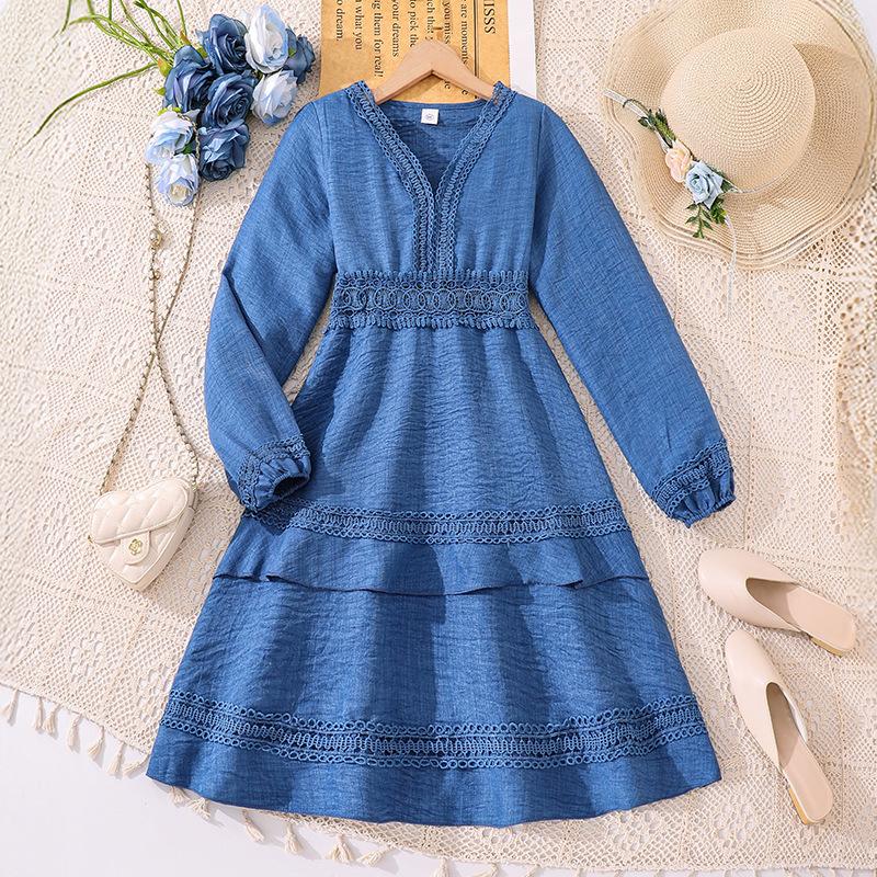 

Girl Long Sleeves Dress Children Kid Casual Princess Dresses Clothes 9Y синий