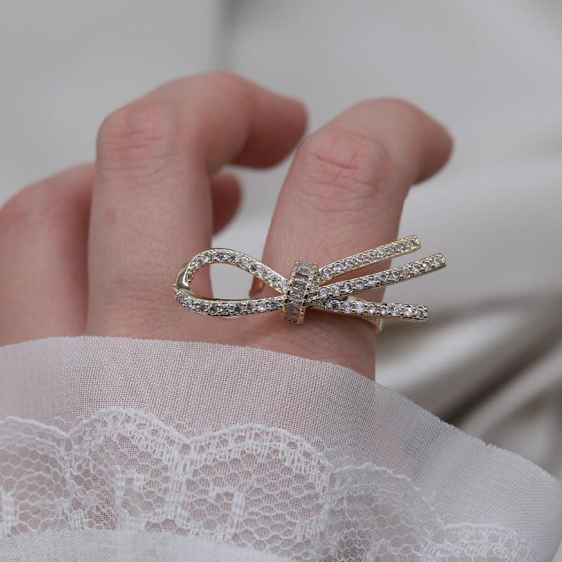 Real Gold Plating Korea New Design Fashion Jewelry Exquisite Luxury Zircon Bow Ring Simple Women's Party Opening Adjustable Ring