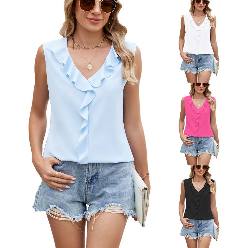 Chiffon Sleeveless V-neck Pleated Ruffled Loose Fitting Women's Top Shirt
