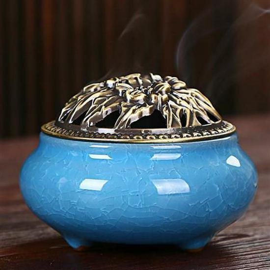 Colorful Crackle Glaze Ceramic Aromatherapy Burner with Bronze Cover for Household Incense and Mosquito Repellent