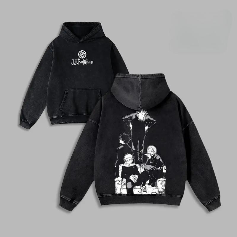 

Anime Jujutsu Kaisen Gojo Satoru Itadori Yuji Print Hooded Men Women Cotton Hoodies Vintage Washed Pullover Harajuku Sweatshirt XXL чорний