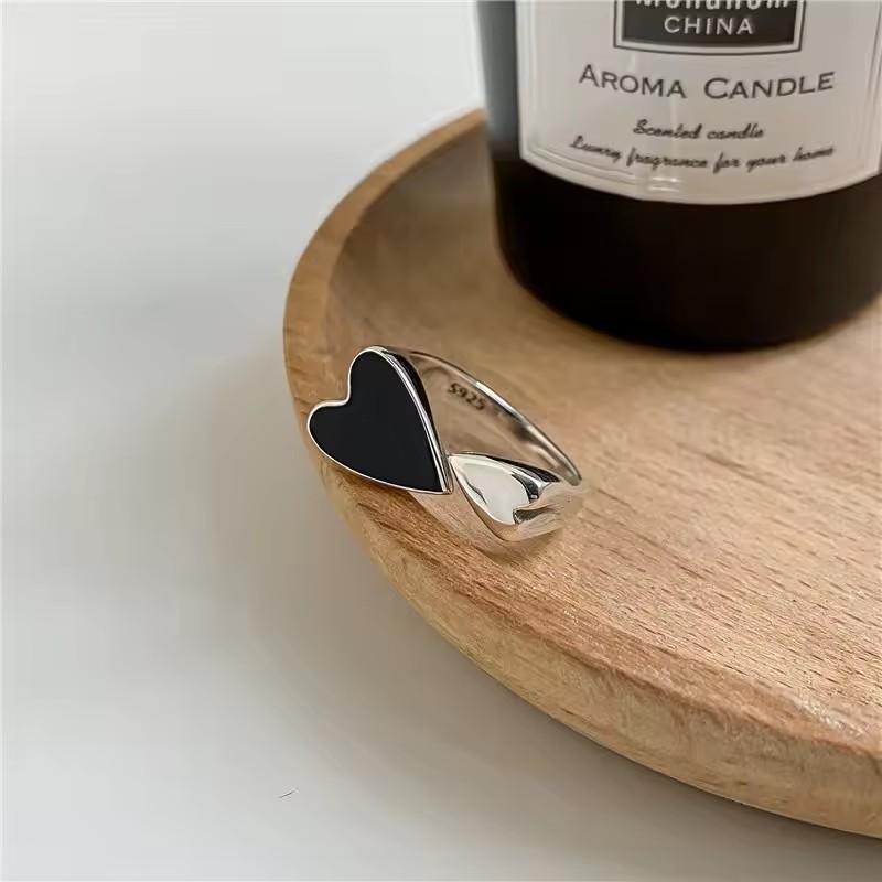 Sam Panda 925 Silver Unique Ring For Women Jewelry Finger Adjustable Vintage Black Heart Ring For Party Birthday Gift