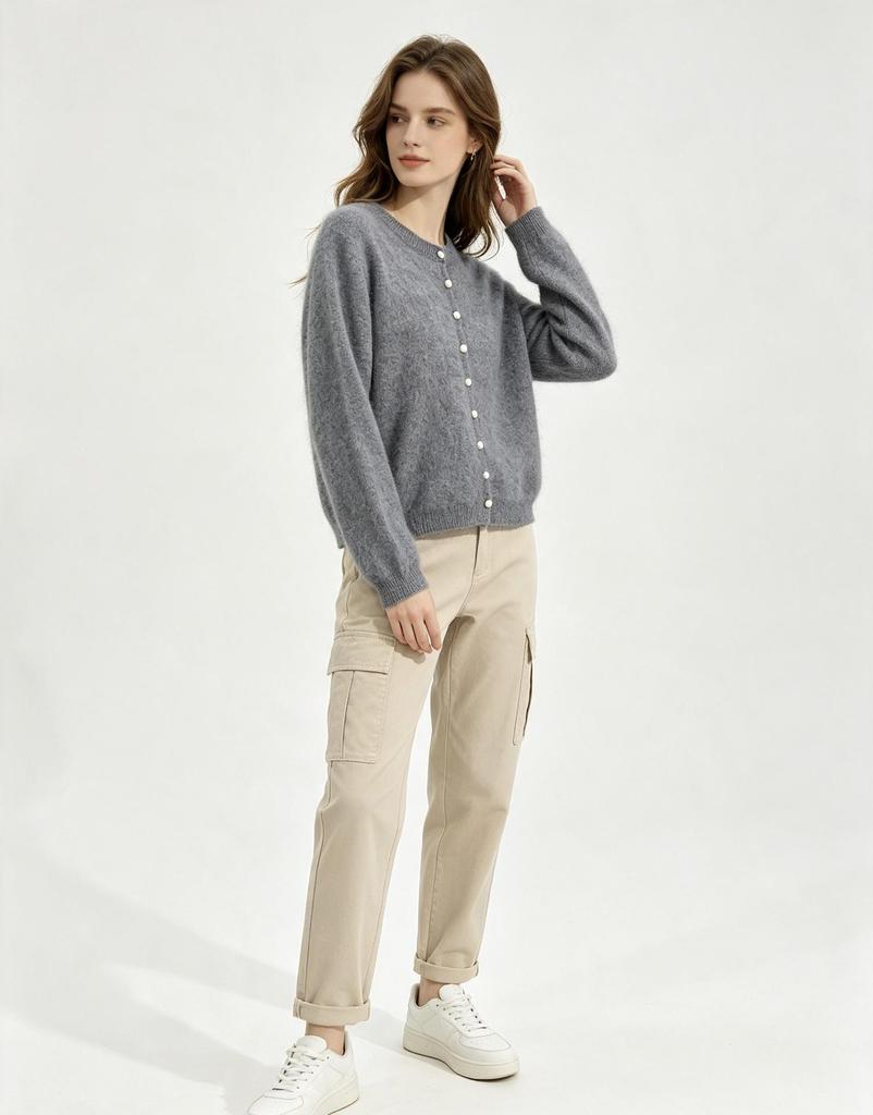 Women's Round Neck Pearl Button Wool Cashmere Knit Cardigan JM8305