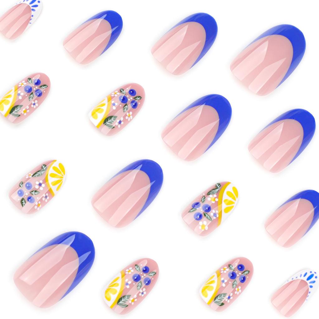 French Blue Lemon Fake Nails - Short Round Tips for a Fresh Look