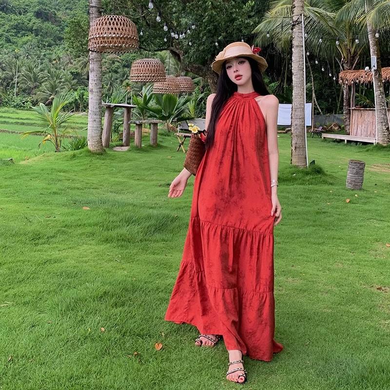 New Chinese Retro Red Neck Dress 2026 Summer Temperament Simple Long Dress Travel Photo Good-looking Skirt