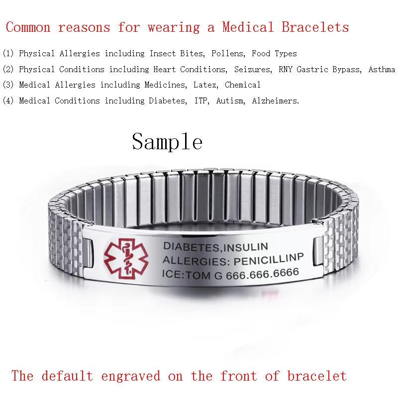 Vnox Stainless Steel Medical Alert Stretch Adjustable Wristband ID Bracelet Bangle for Women Custom Engraving