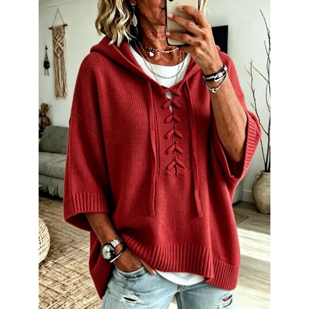 Women's New Knit Hooded Drawstring Sweater Loose Comfortable Hoodie Casual Soft Knitted Pullover Sweatshirt Top