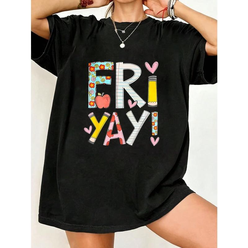 Black Oversized T Shirt With Fri YAY Print And Colorful Patterns For Casual Wear Friday Outfits And Fun Events
