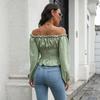Off Shoulder Hot Style Front Straps Women Blouse Long Sleeve Slim Waist Pleated Short Top Elegant Casual Shirt New Solid Color Ruffled Clothng