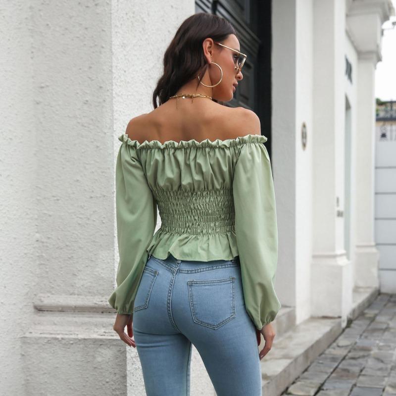 Off Shoulder Hot Style Front Straps Women Blouse Long Sleeve Slim Waist Pleated Short Top Elegant Casual Shirt New Solid Color Ruffled Clothng