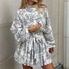 Women Vintage Floral Print Mini Dress Stand Collar Lantern Sleeve Button Front Belted A Line Ruffle Dress
