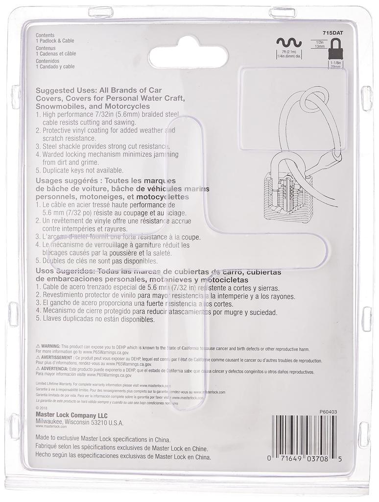 Master Lock 715DAT Pletené ocelové lanko na kryt auta Laminované ocelové lanko na visací zámek Široký zámek 7' 1-1/8"
