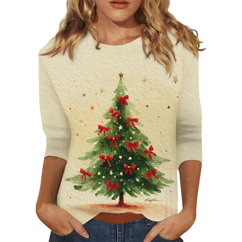 Women's O-Neck 3/4 Sleeve Christmas Print Top