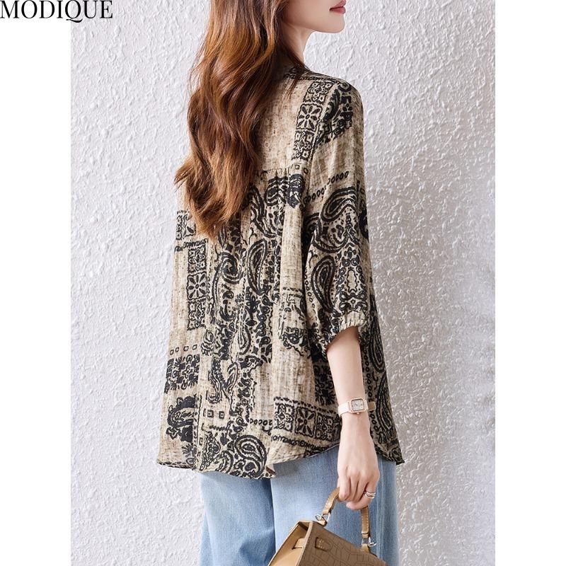 MODIQUE Spring Summer Plus Size New Women Loose Vintage Print Blouse Shirts Female Casual Folk Oversize Short Sleeve V-Neck Top