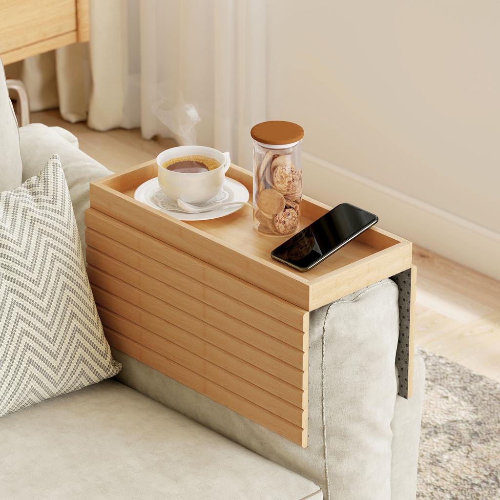 Bamboo Sofa Arm Tray, Foldable, Non-Slip Base, for Snacks Phones Drinks