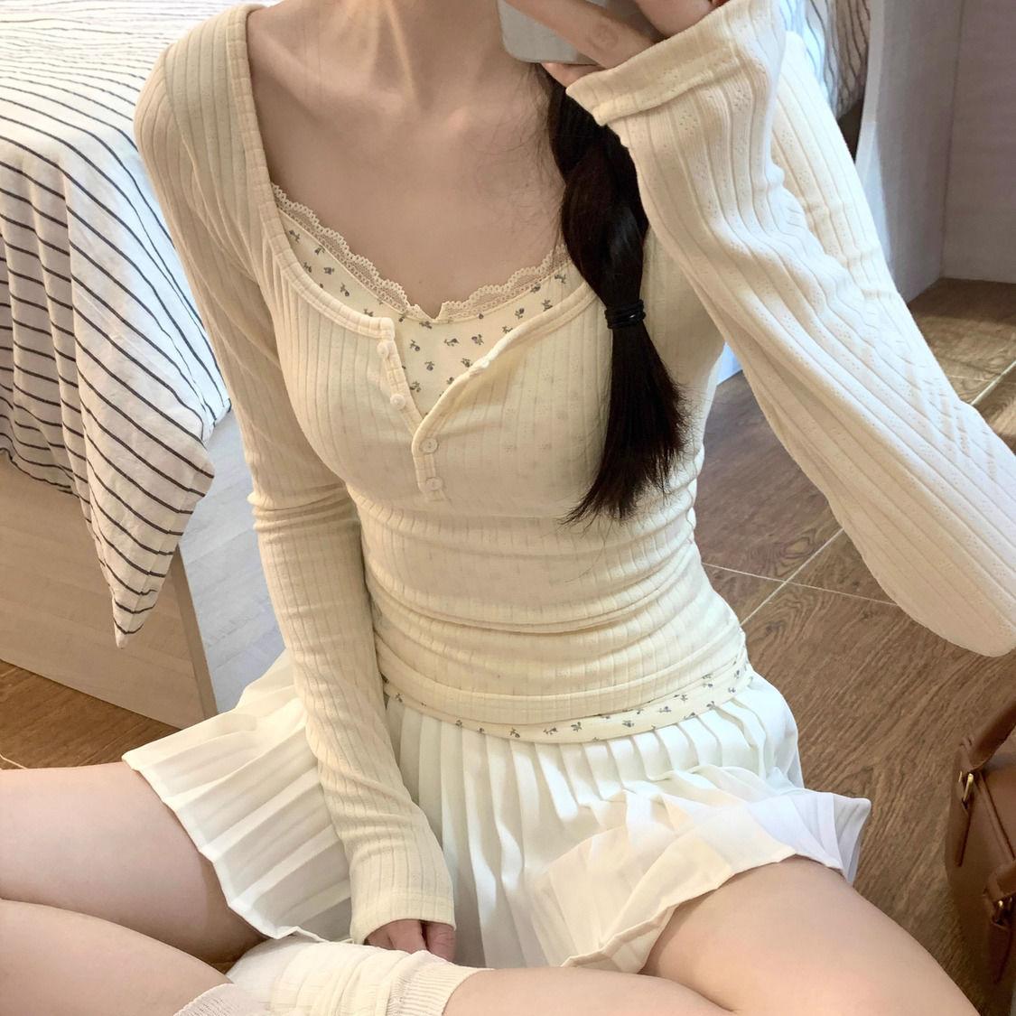 

Sweet Design Sense Цветочная строчка Поддельные две части футболка с длинными рукавами Женская осенняя повседневная одежда Топы Новые похудения Spice Girl Pure Style Одежда XL абрикосовый