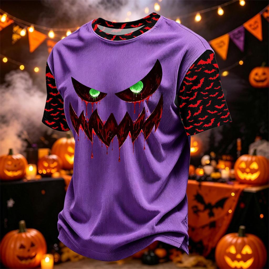 Men's Casual Corduroy Short Sleeve Crew Neck Lightweight Breathable T-Shirt Halloween Print Lettering Design