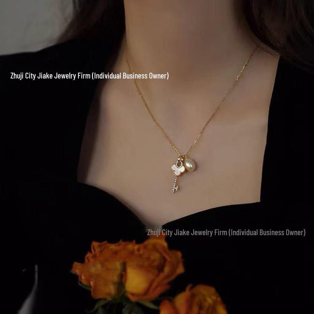 Gold-Plated Key Pendant Necklace with Mother-of-Pearl and 7-8mm Rice-Shaped Freshwater Pearls Other