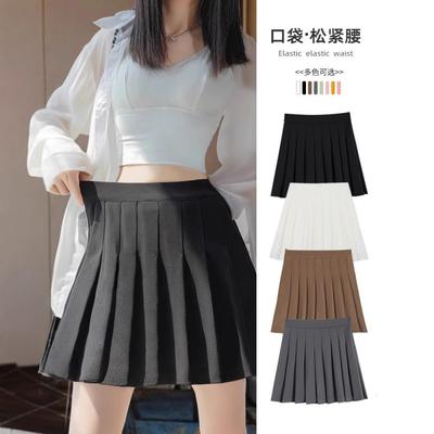 Womens Pleated Skirt High Waist A-Line Mini With Pockets Slim Fit Black Beige Gray Navy Office School