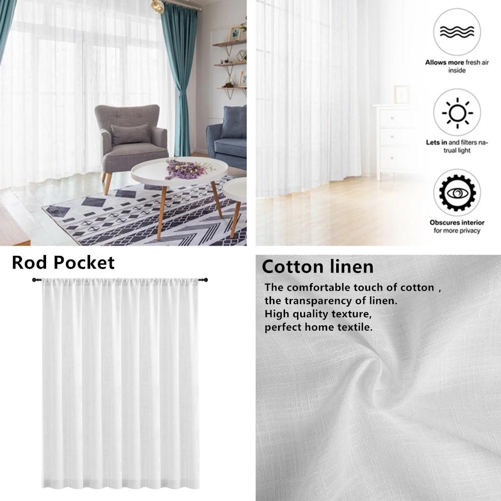 Cotton Linen Sheer Curtains Semi Transparent Voile Rod Pocket Curtains for Bedroom Living Room Light Filtering Window Curtains
